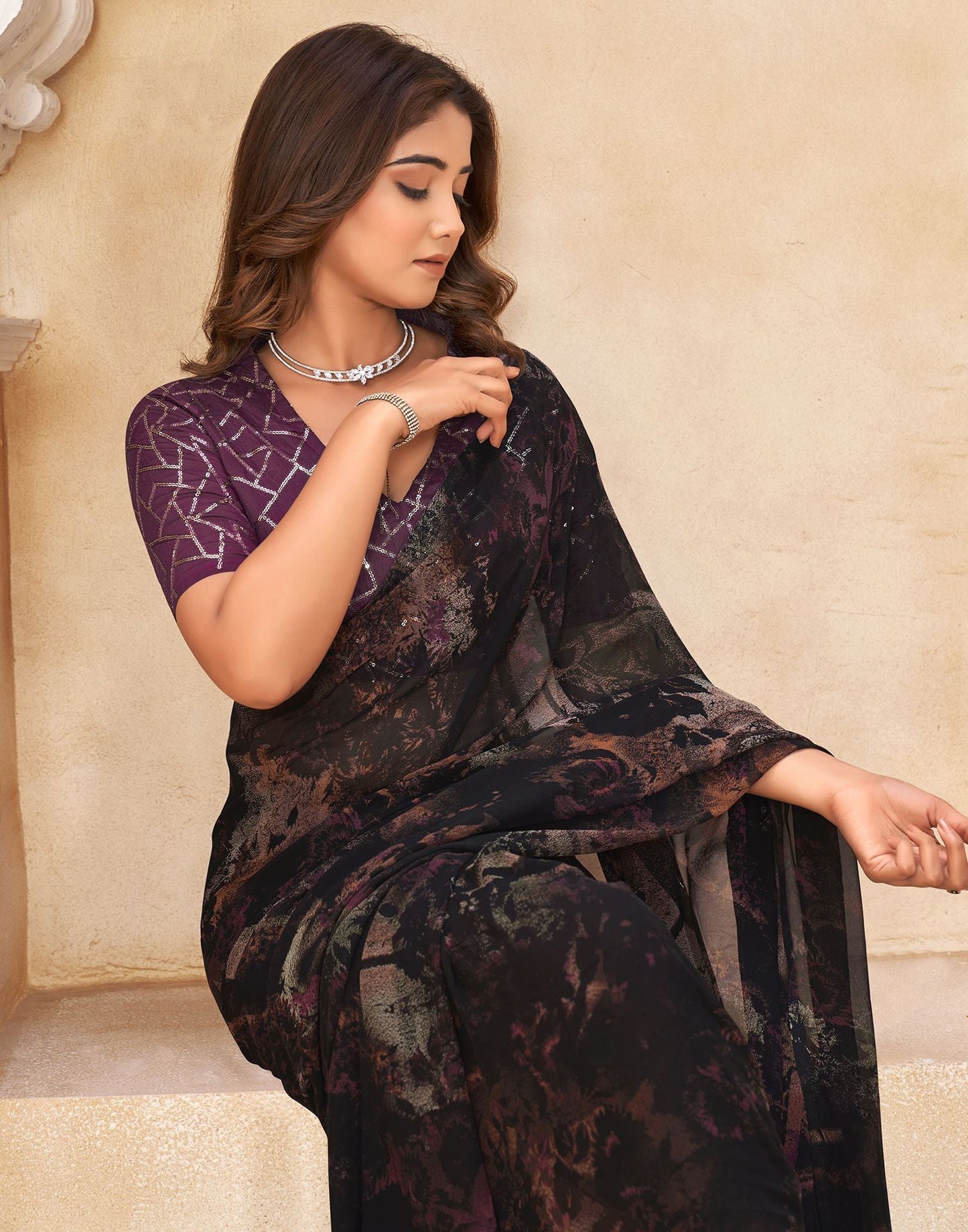 Black & Wien Printed Georgette Saree