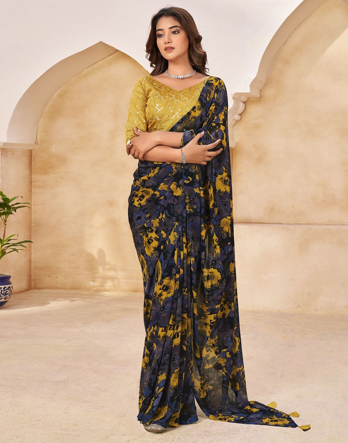 Black & Light Yellow Printed Georgette Saree