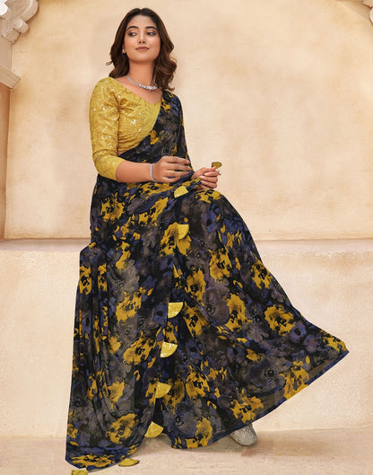 Black & Light Yellow Printed Georgette Saree