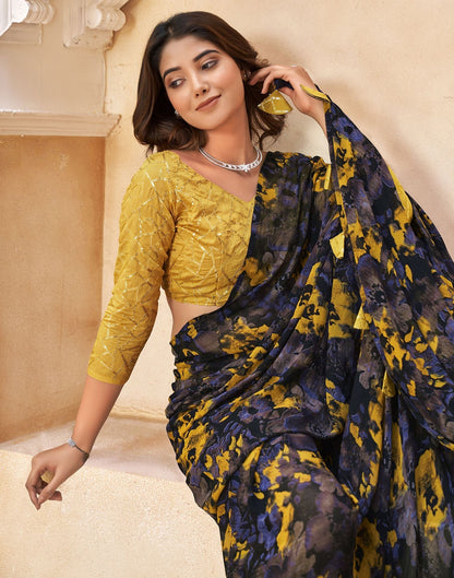 Black & Light Yellow Printed Georgette Saree