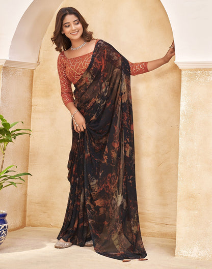 Black & Orange Printed Georgette Saree