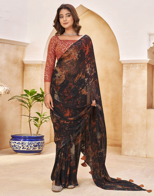 Black & Orange Printed Georgette Saree