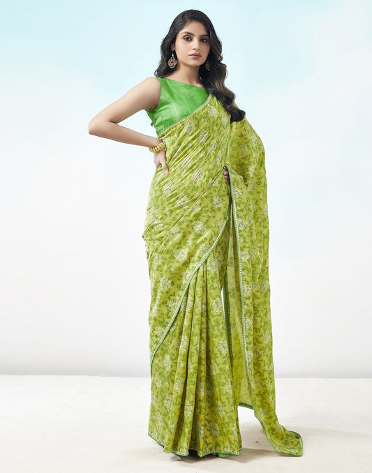 Olive Green Printed Silk Saree