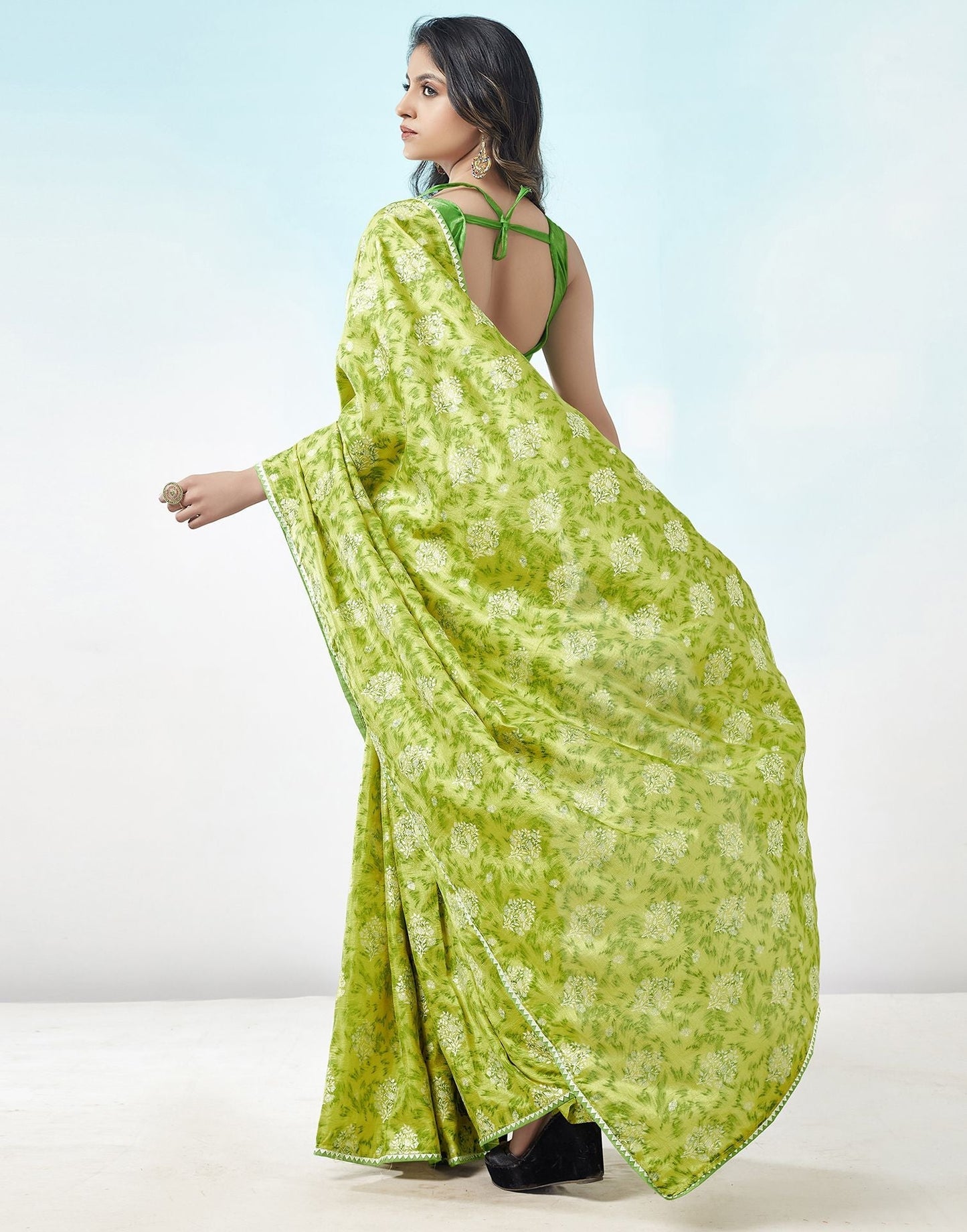Olive Green Printed Silk Saree