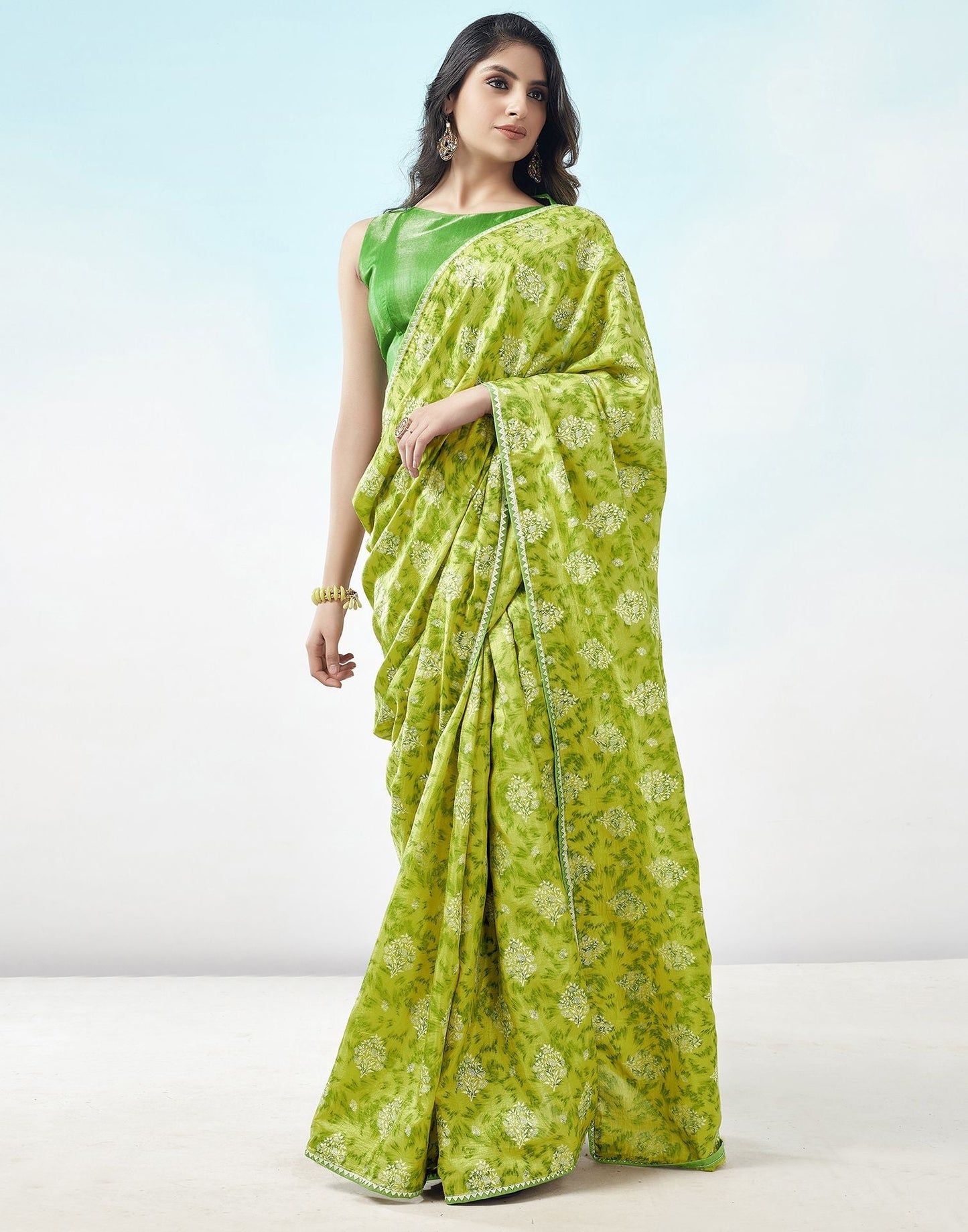 Olive Green Printed Silk Saree