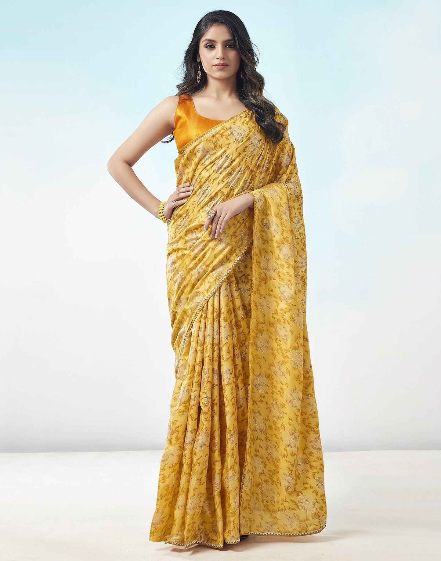 Lemon Yellow Printed Silk Saree