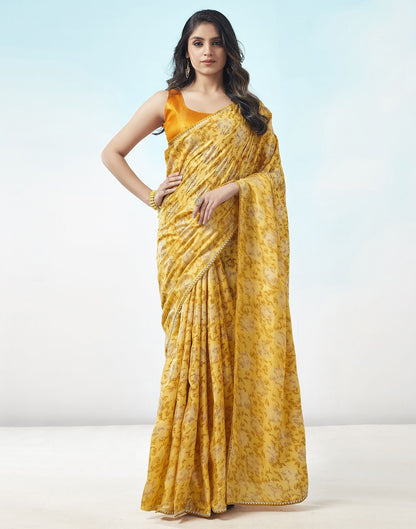 Lemon Yellow Printed Silk Saree