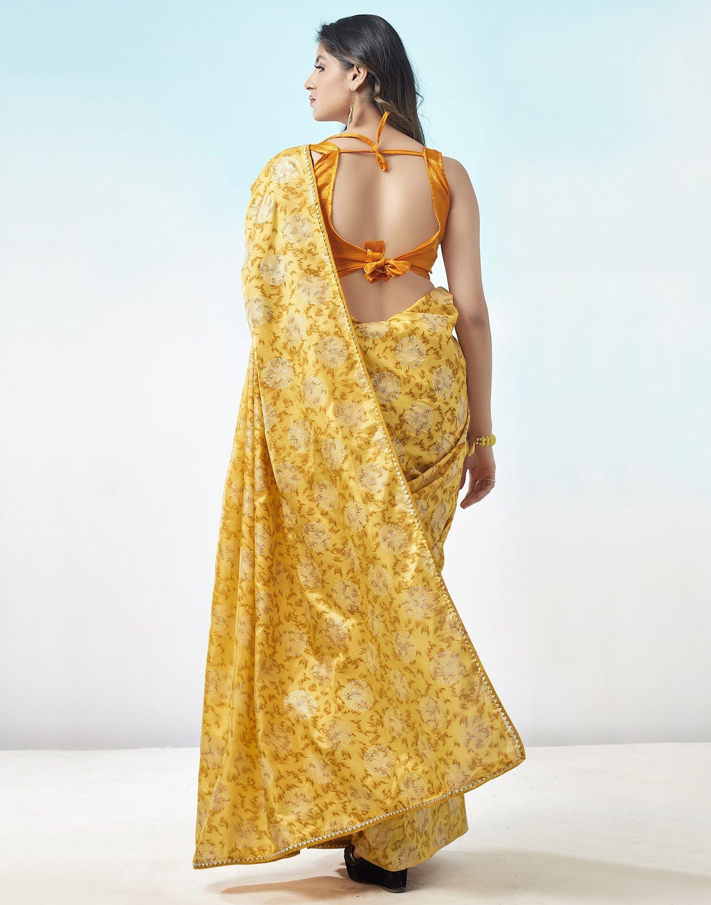 Lemon Yellow Printed Silk Saree