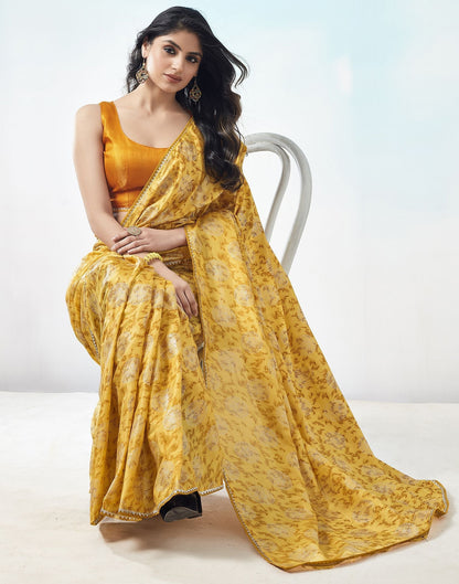 Lemon Yellow Printed Silk Saree
