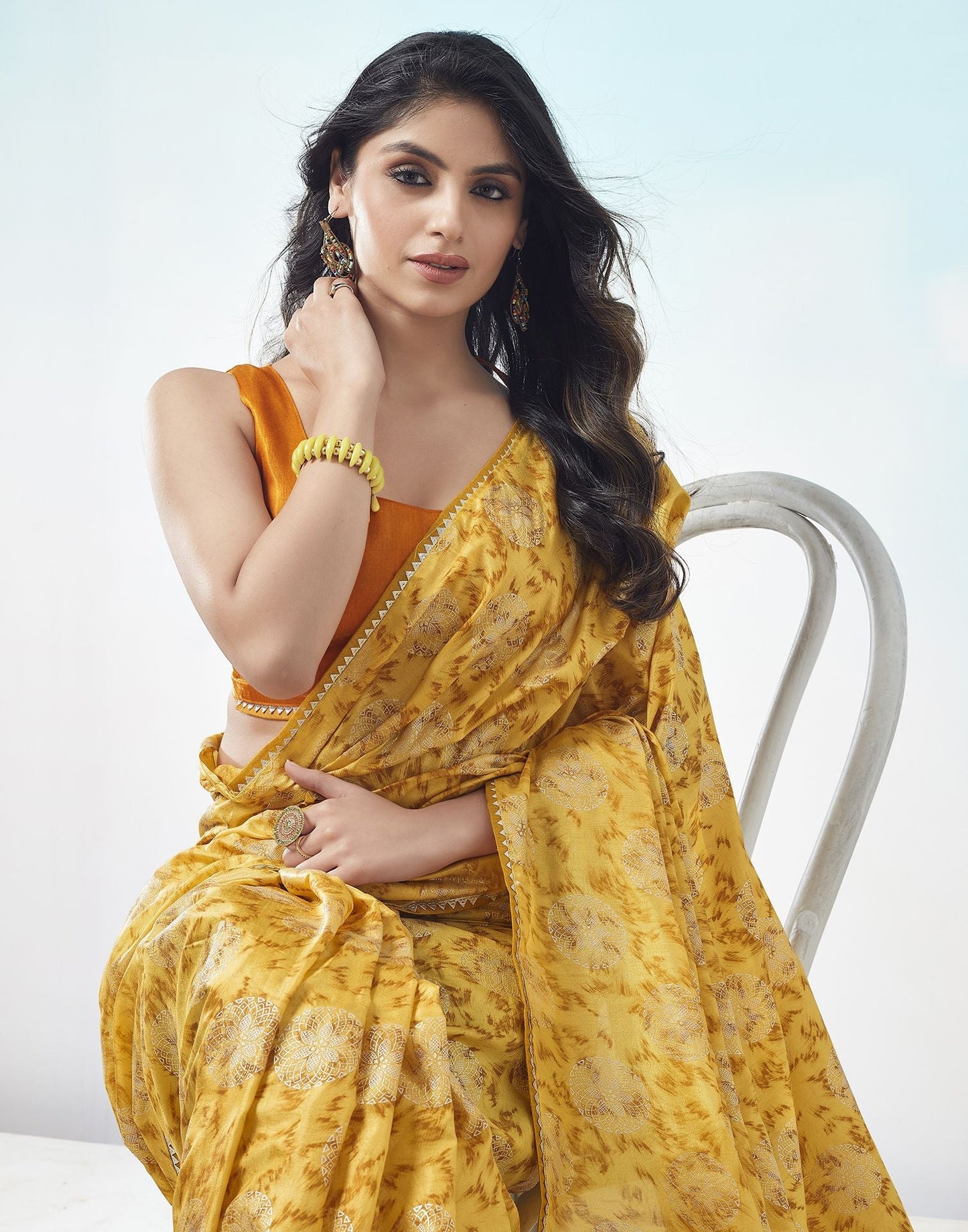 Lemon Yellow Printed Silk Saree