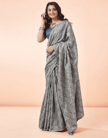 Grey Printed Silk Saree