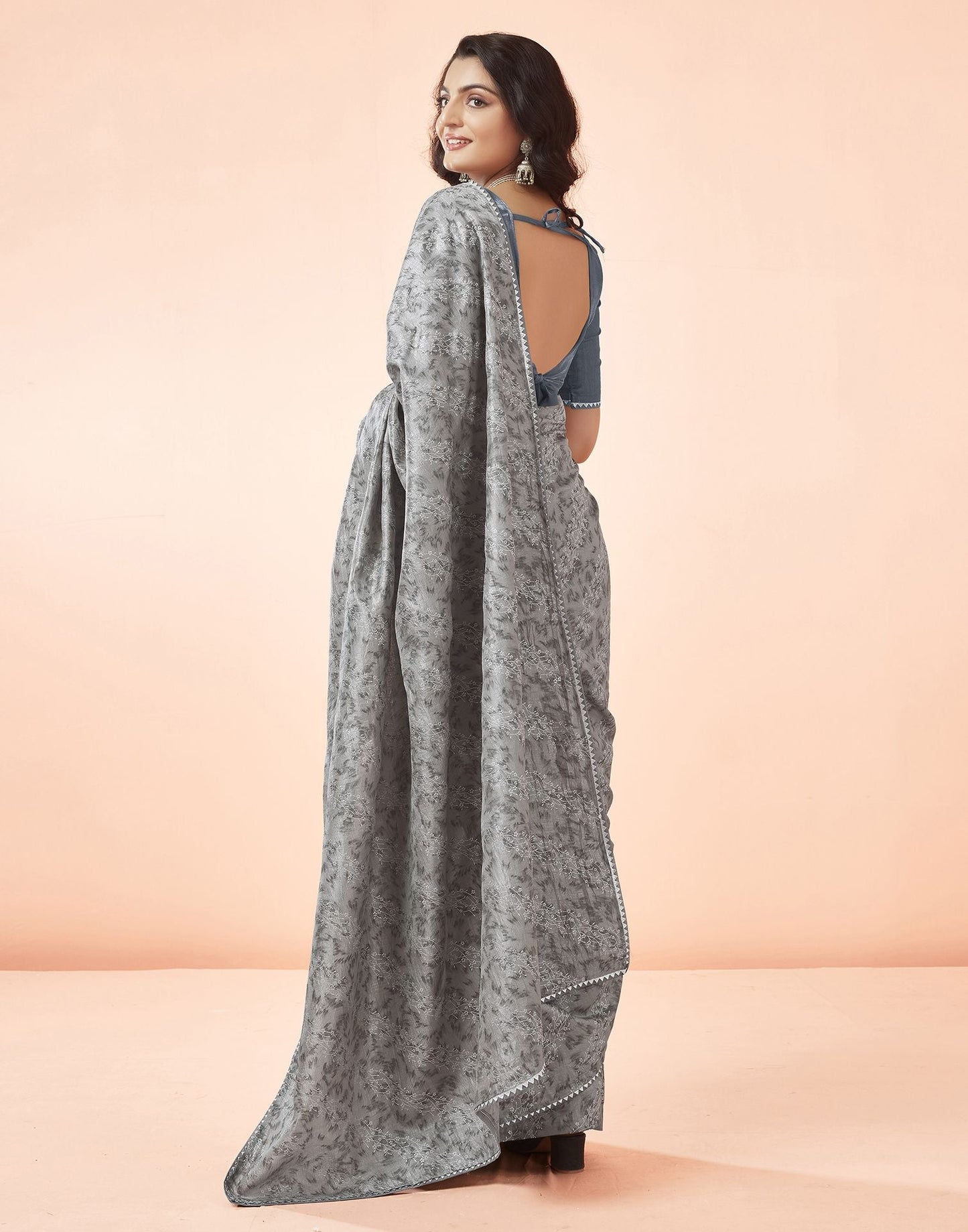 Grey Printed Silk Saree