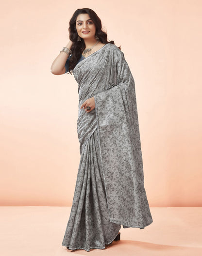 Grey Printed Silk Saree