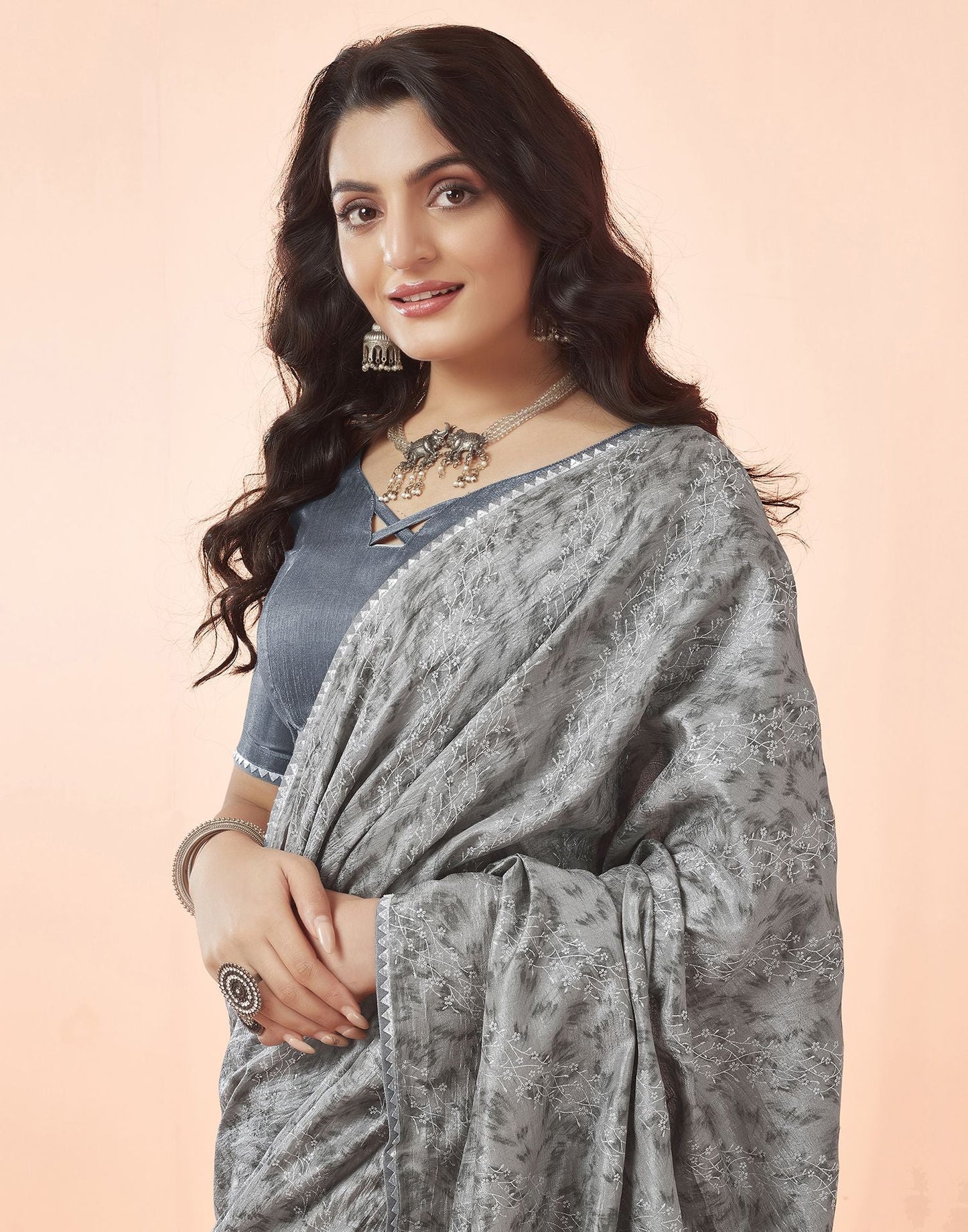 Grey Printed Silk Saree
