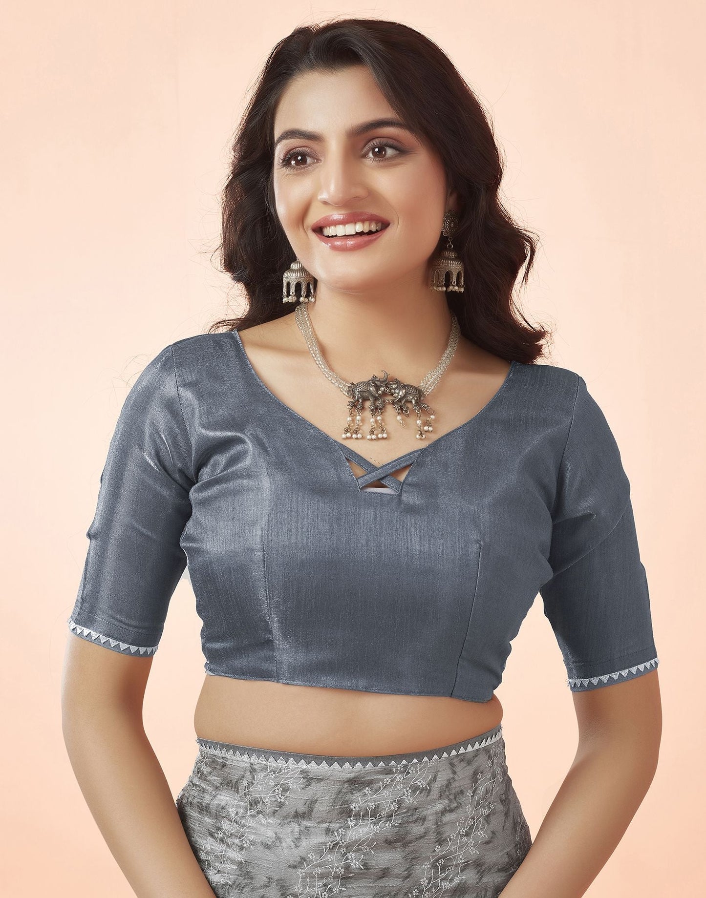 Grey Printed Silk Saree