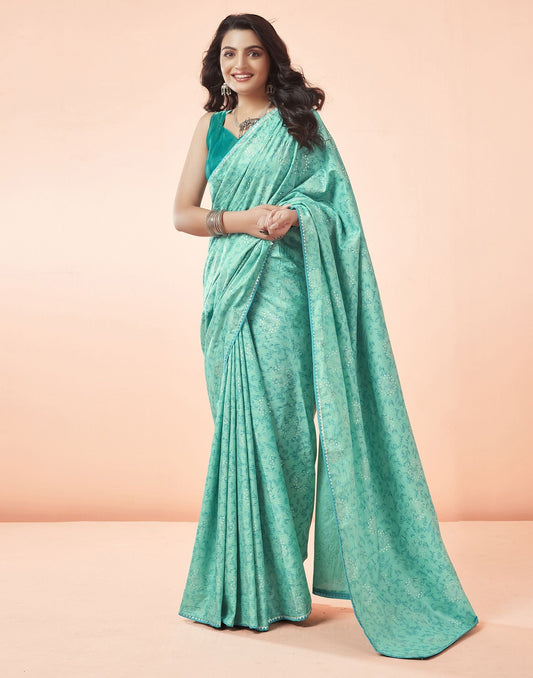 Turquoise Green Printed Silk Saree