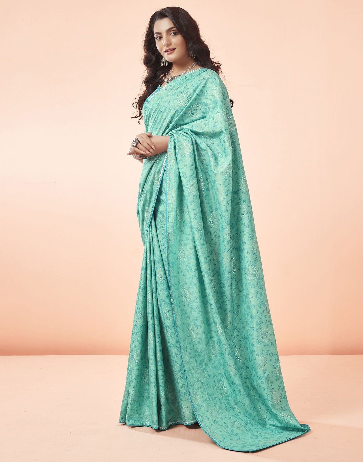 Turquoise Green Printed Silk Saree