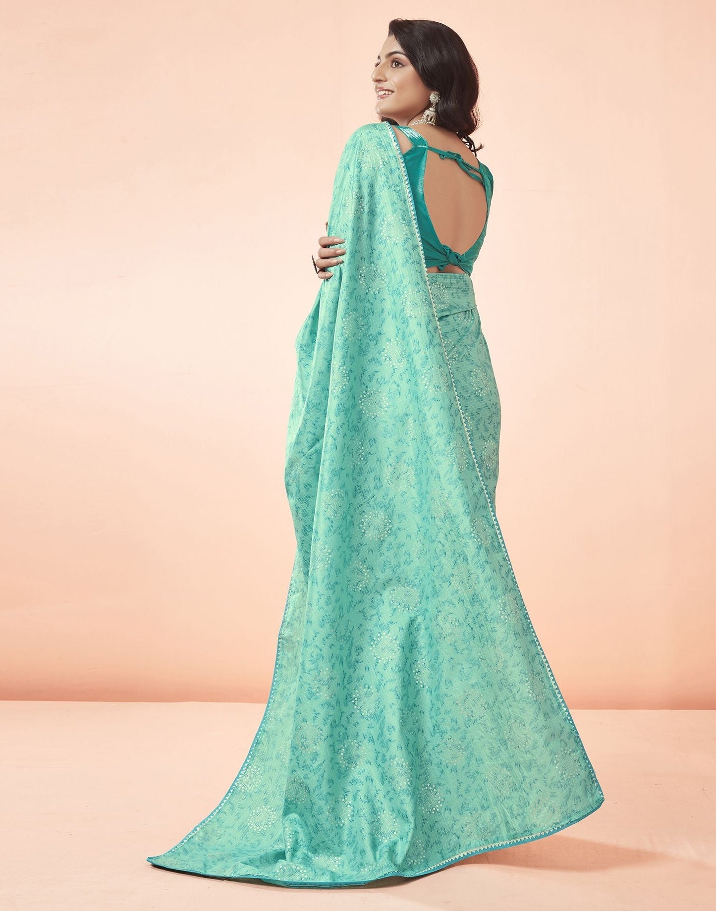 Turquoise Green Printed Silk Saree