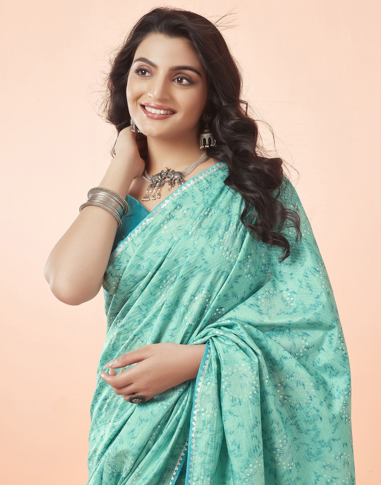 Turquoise Green Printed Silk Saree