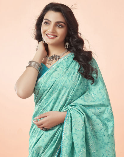 Turquoise Green Printed Silk Saree