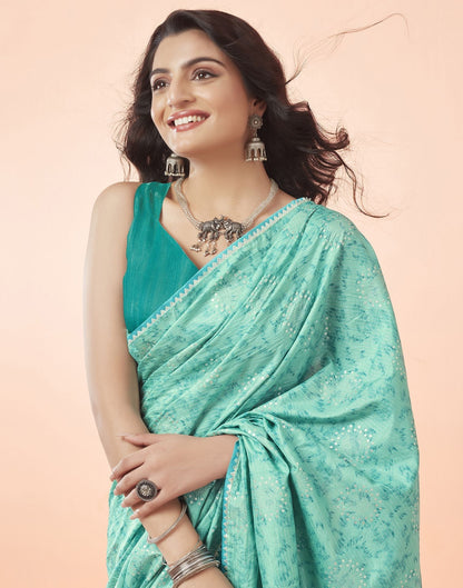 Turquoise Green Printed Silk Saree