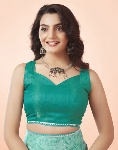 Turquoise Green Printed Silk Saree