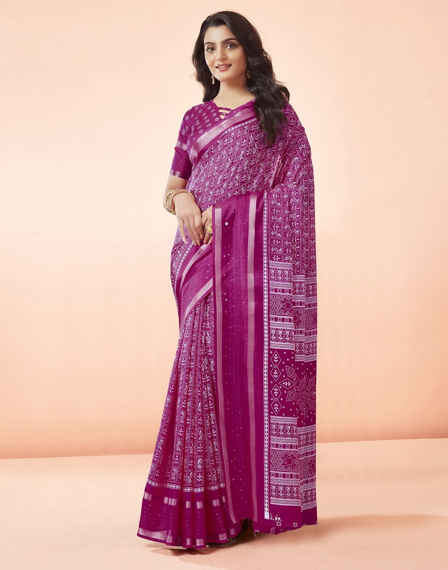 Pink Printed Cotton Saree