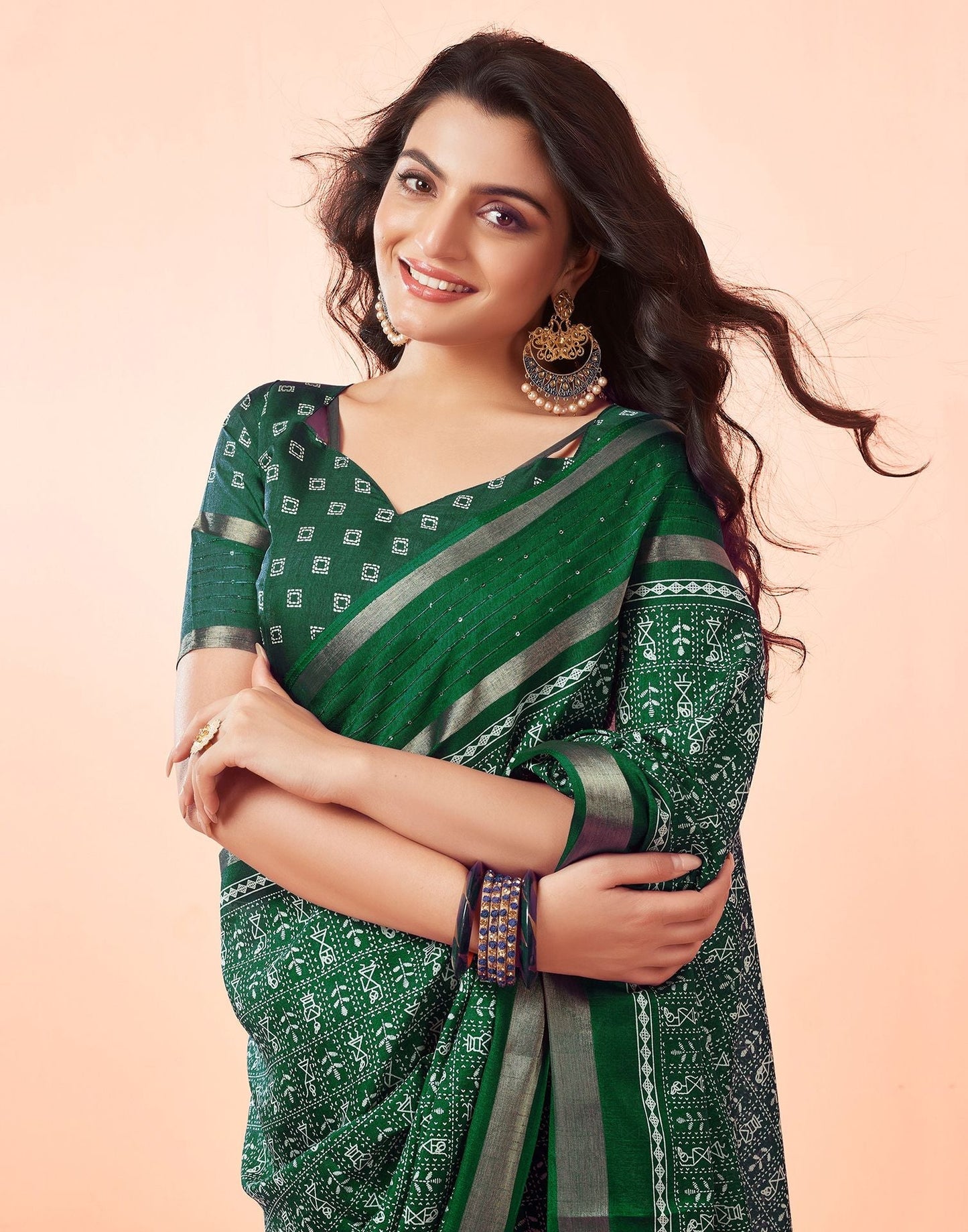 Dark Green Printed Cotton Saree