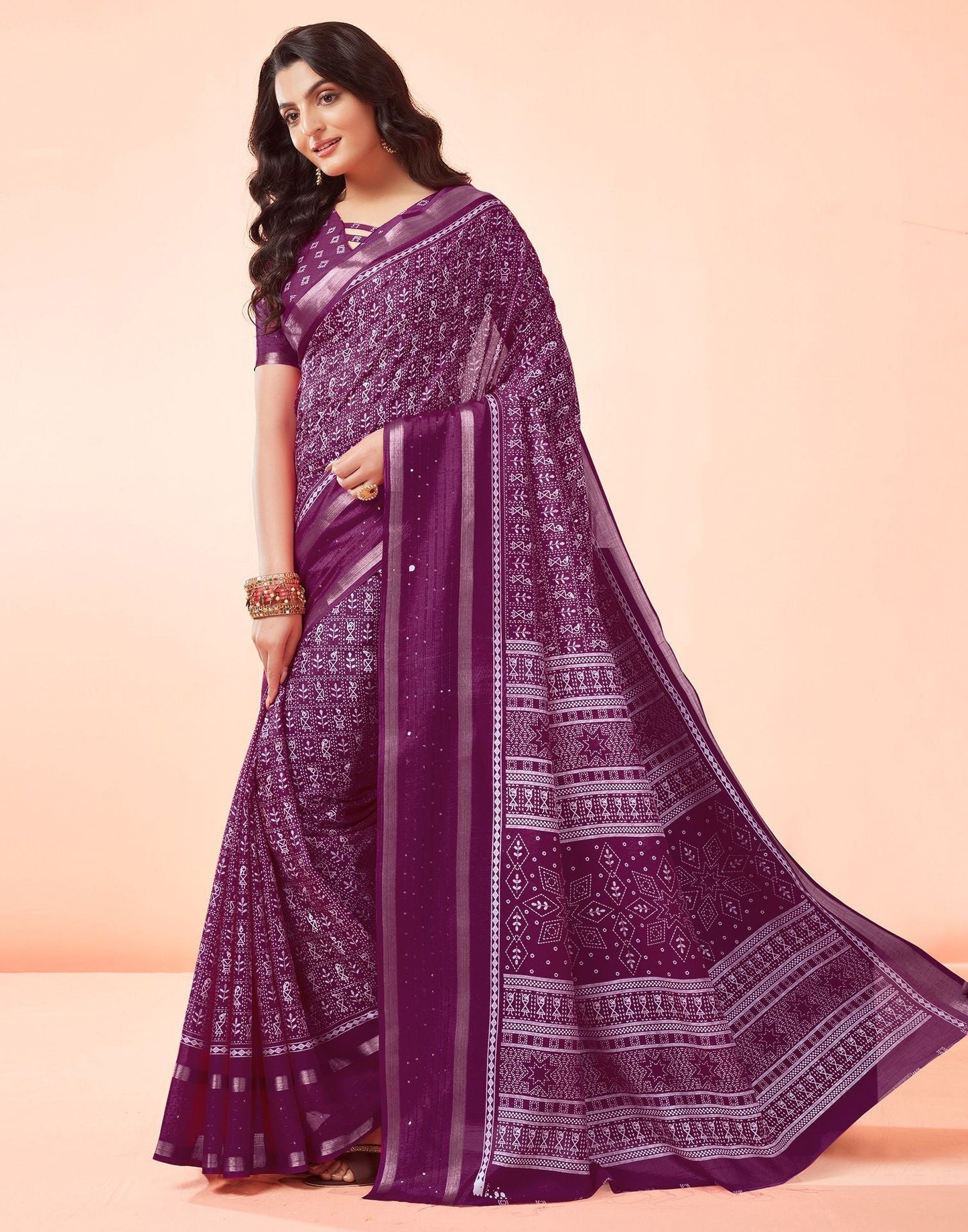 Wine Printed Cotton Saree