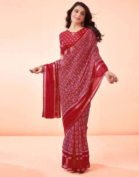 Red Printed Cotton Saree