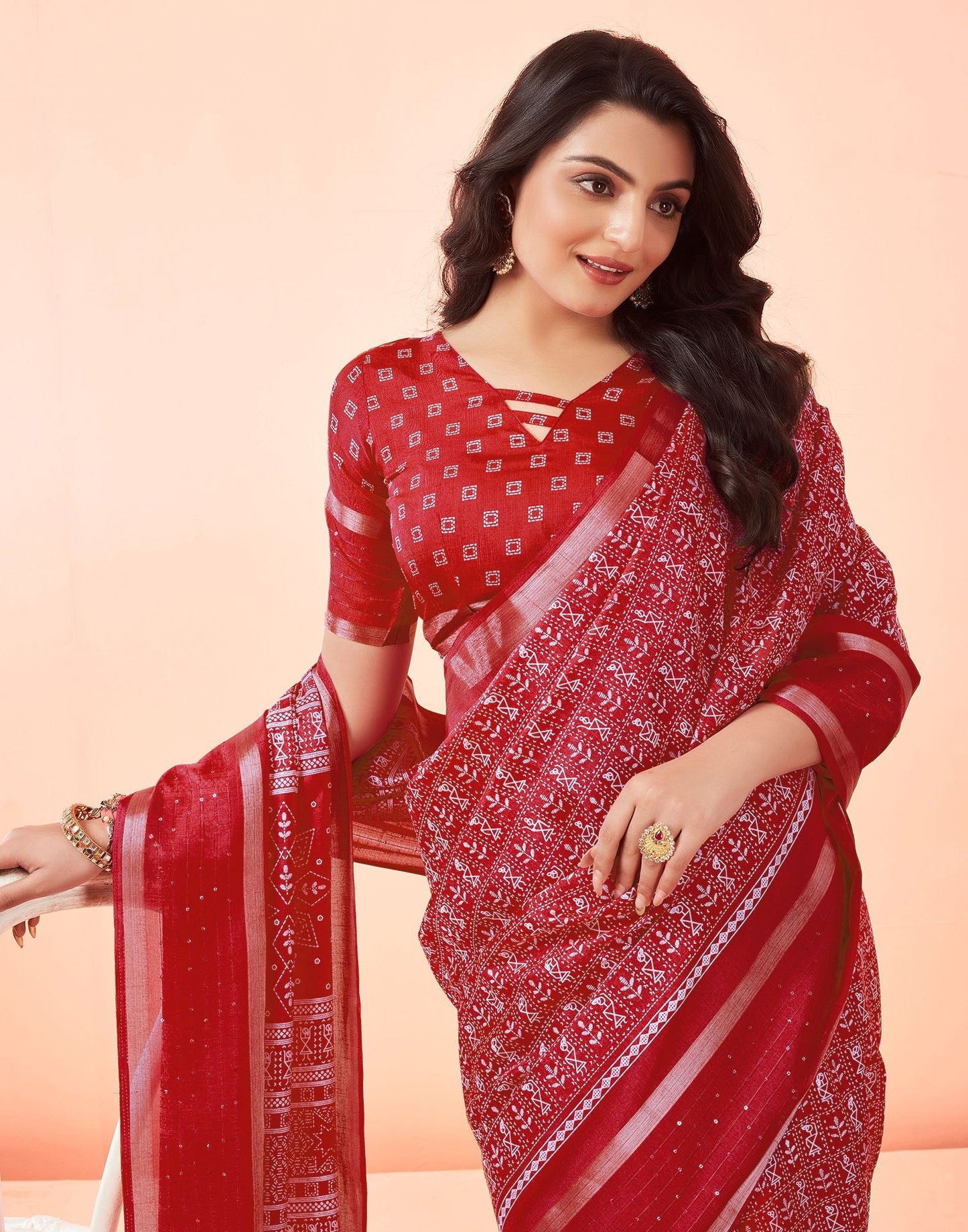 Red Printed Cotton Saree