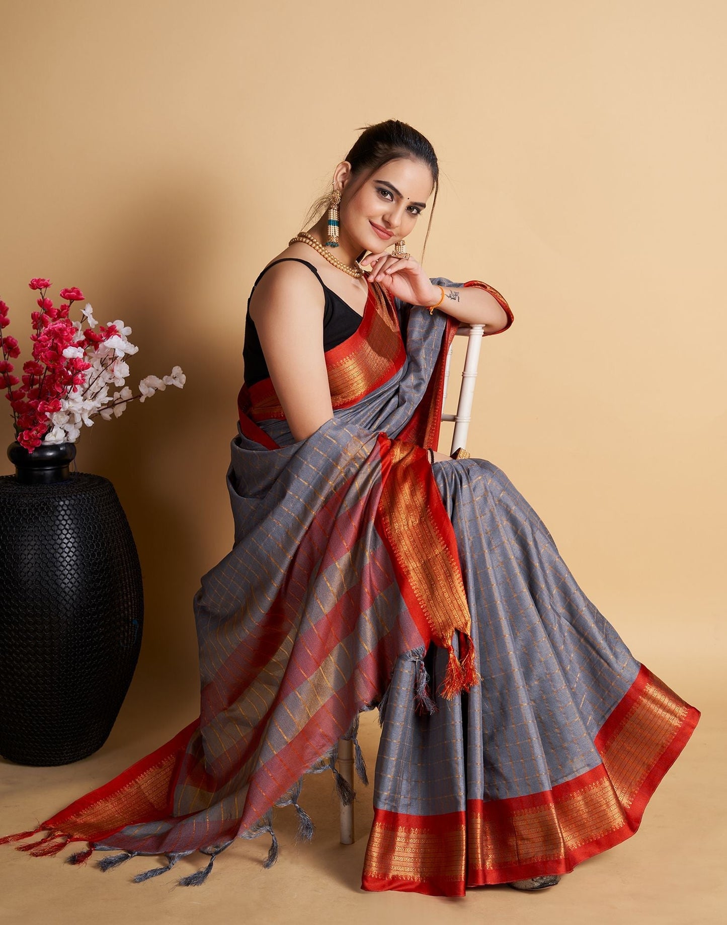 Grey Self Woven Silk Saree