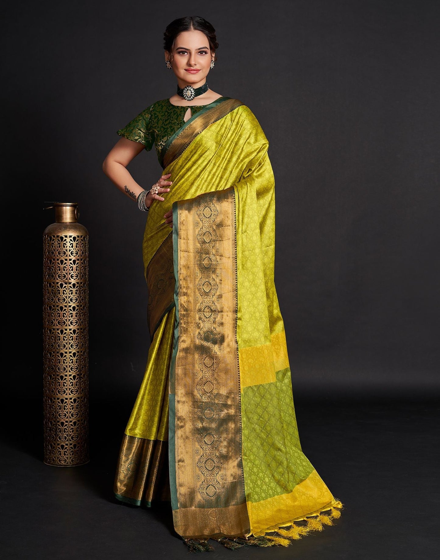 Lime Green Jacquard Silk Saree