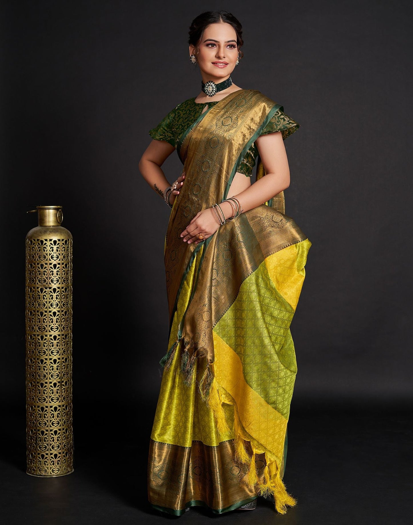 Lime Green Jacquard Silk Saree