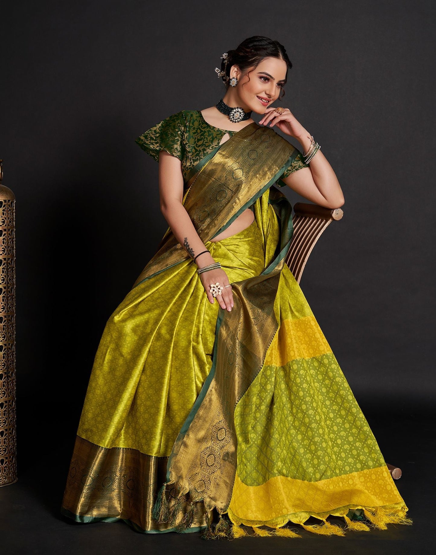 Lime Green Jacquard Silk Saree