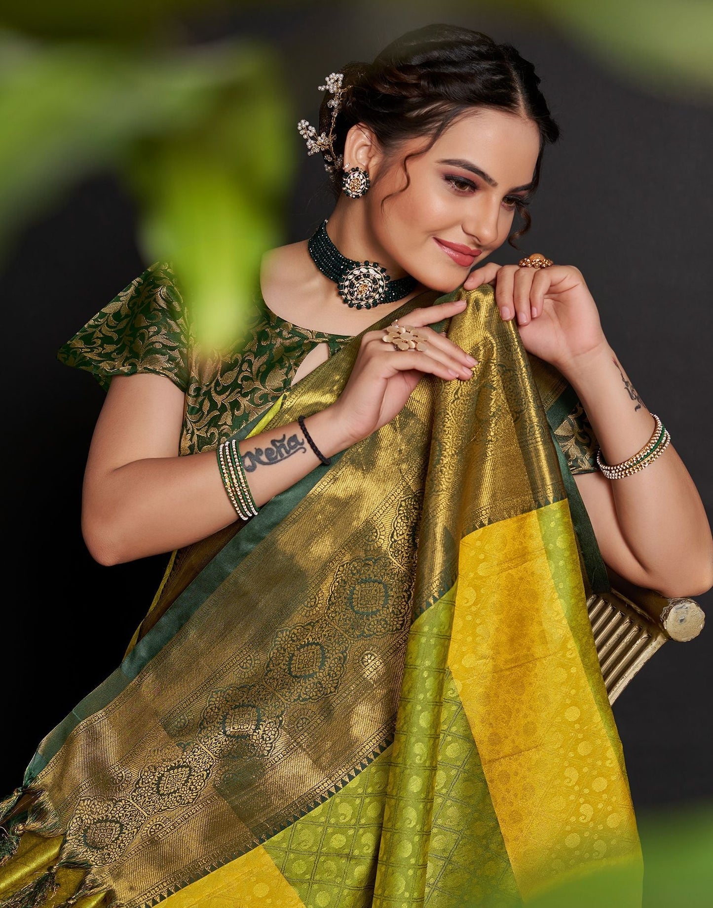 Lime Green Jacquard Silk Saree