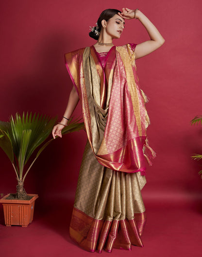 Beige & Red Jacquard Silk Saree