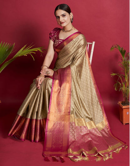 Beige & Red Jacquard Silk Saree