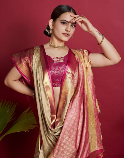 Beige & Red Jacquard Silk Saree