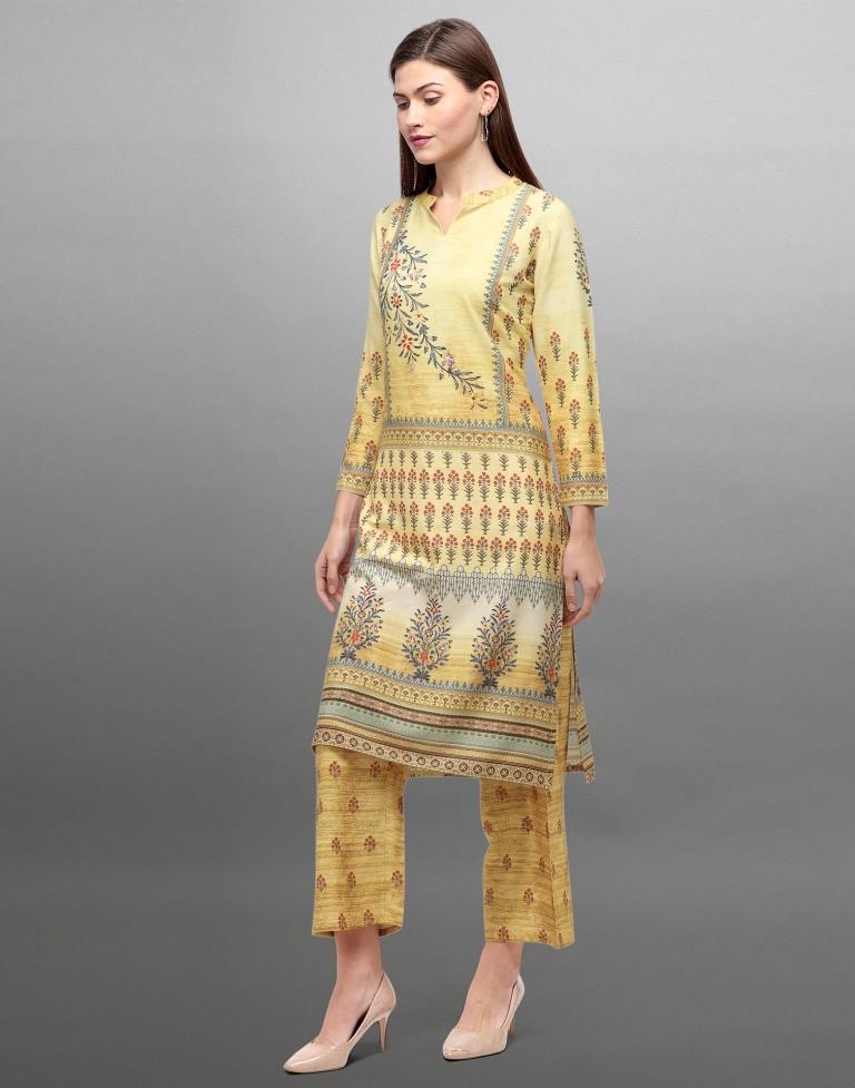 Cream Coloured Crepe Digital Printed Kurti With Palazzo | Leemboodi