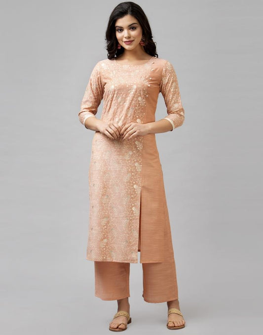 Peach Coloured Muslin Slub Foil Printed Kurti With Palazzo | Leemboodi