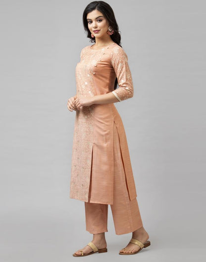 Peach Coloured Muslin Slub Foil Printed Kurti With Palazzo | Leemboodi