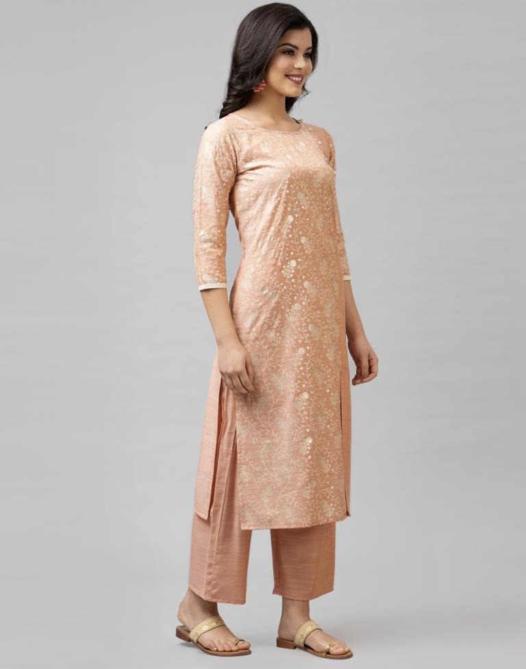 Peach Coloured Muslin Slub Foil Printed Kurti With Palazzo | Leemboodi