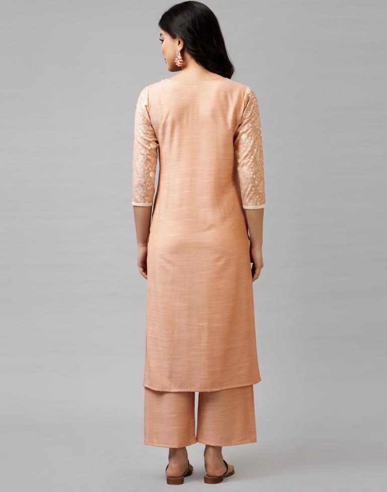 Peach Coloured Muslin Slub Foil Printed Kurti With Palazzo | Leemboodi