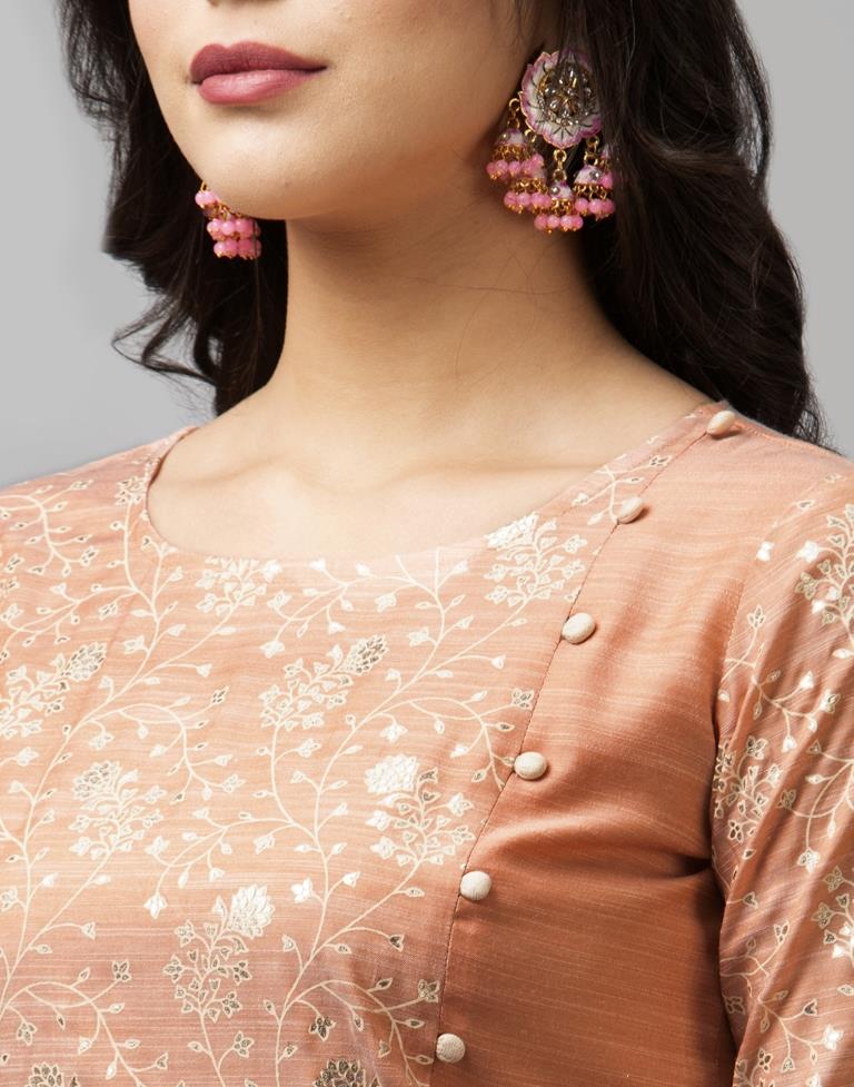 Peach Coloured Muslin Slub Foil Printed Kurti With Palazzo | Leemboodi