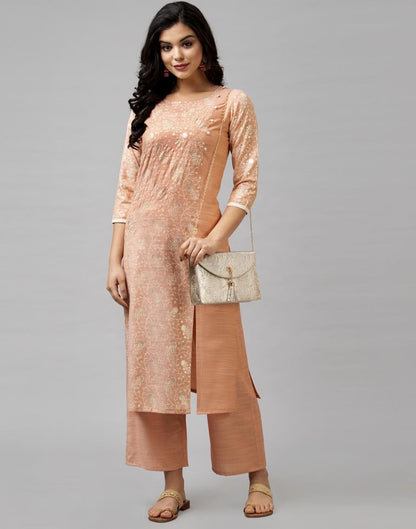 Peach Coloured Muslin Slub Foil Printed Kurti With Palazzo | Leemboodi