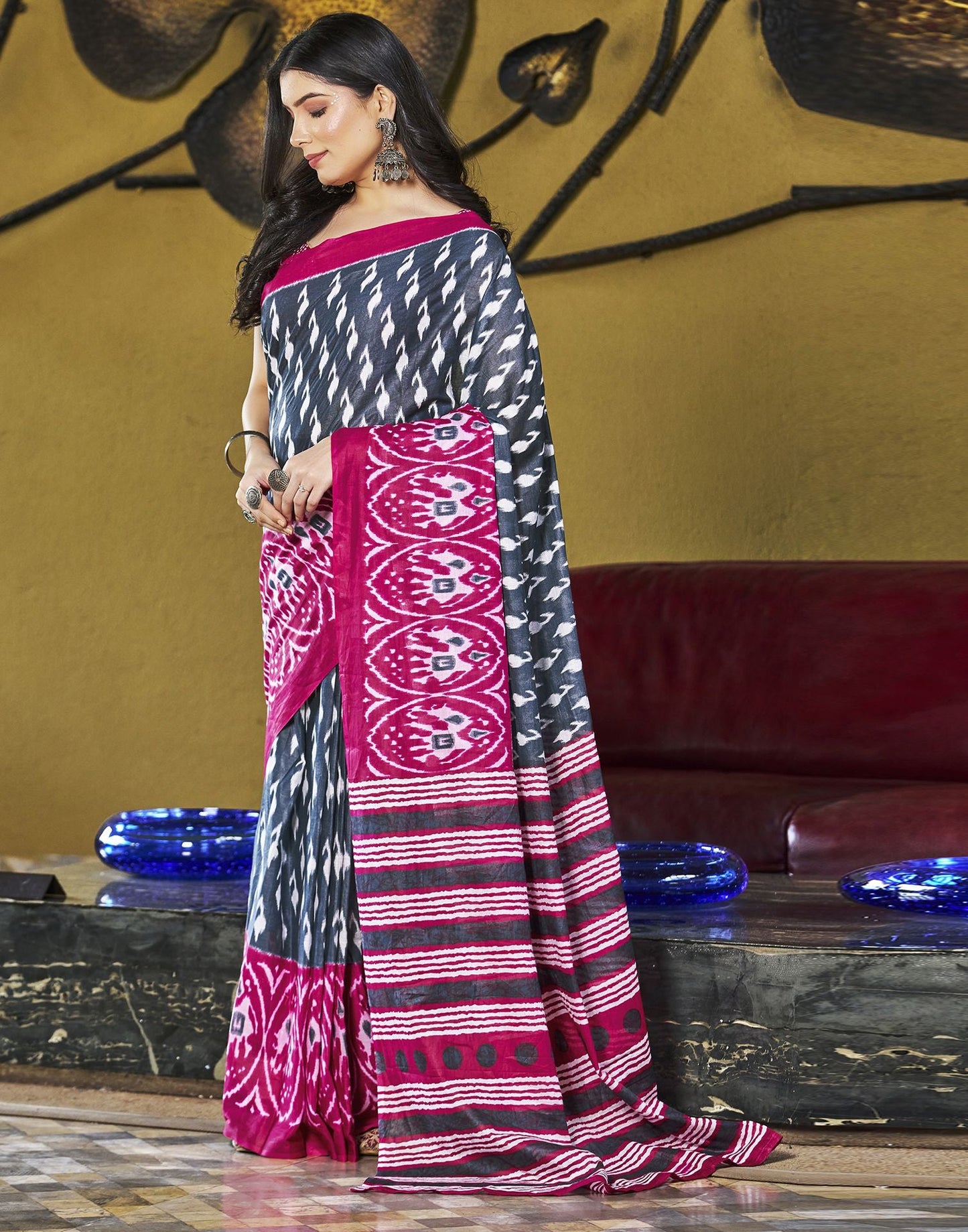 Ready to Wear Grey Printed & Multicoloured Cotton Saree