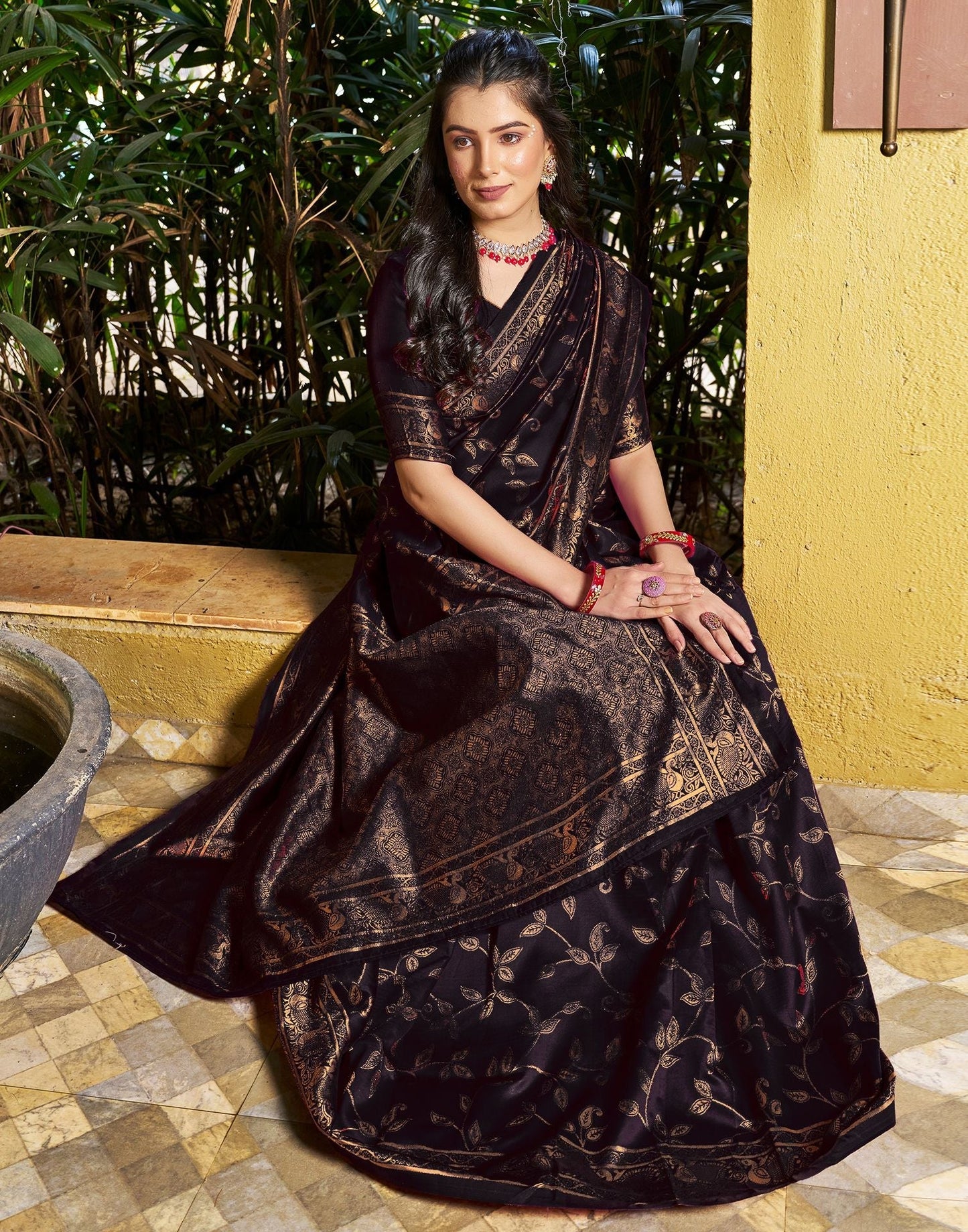 Black Floral Banarasi Silk Saree