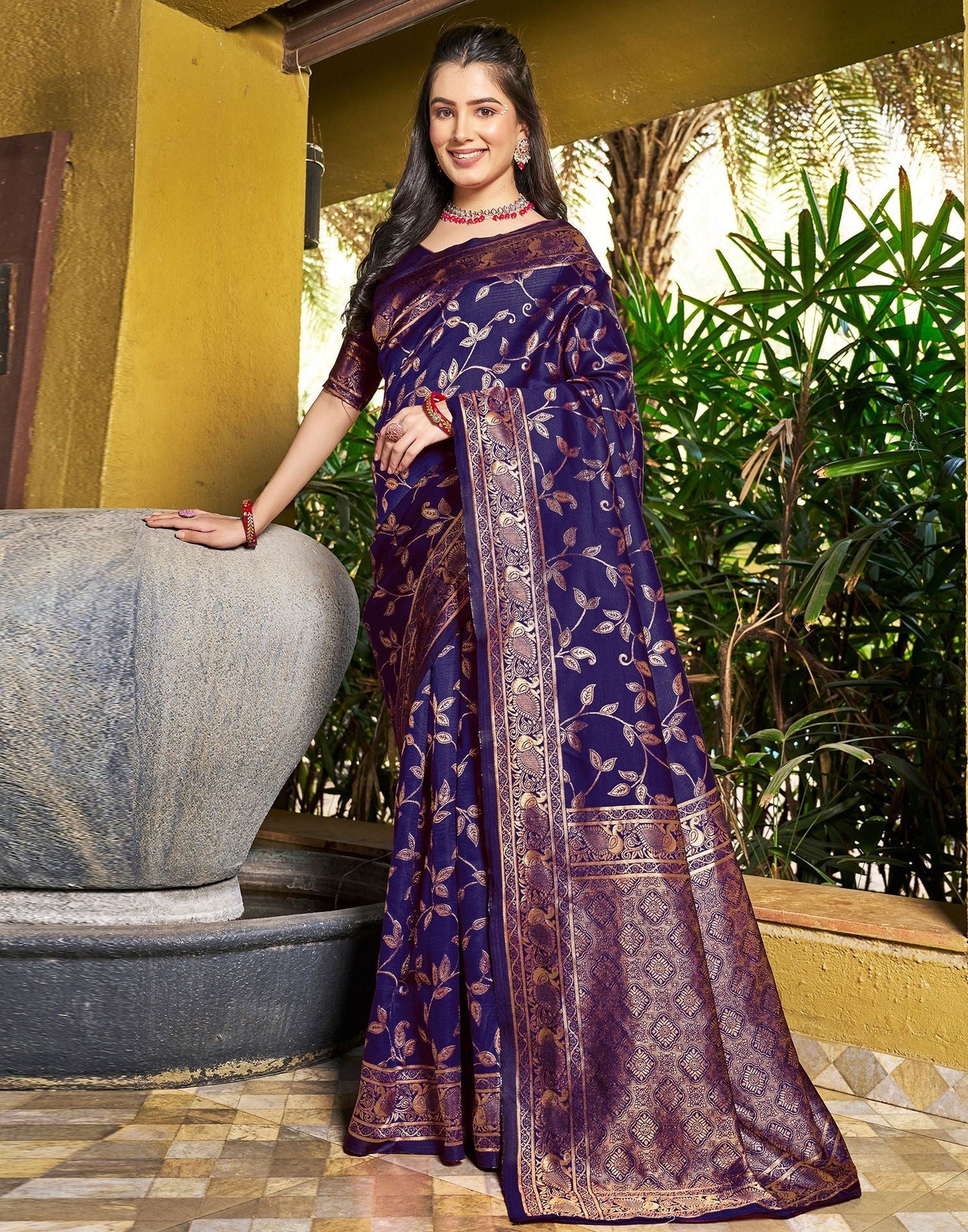 Dark Blue Jacquard Silk Saree