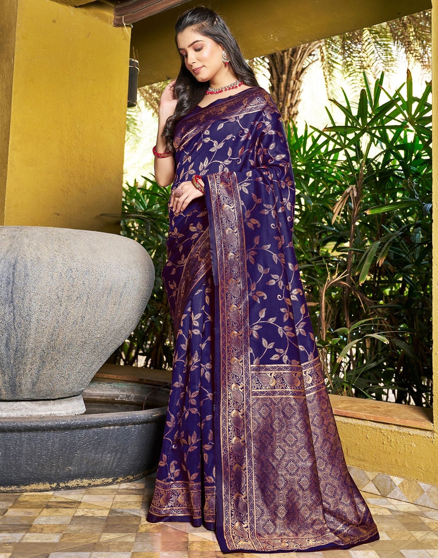 Dark Blue Jacquard Silk Saree